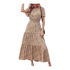 Cyihual Women’s Crew Neck Maxi Dress Summer Short Sleeve Floral Dress Smocked Wa